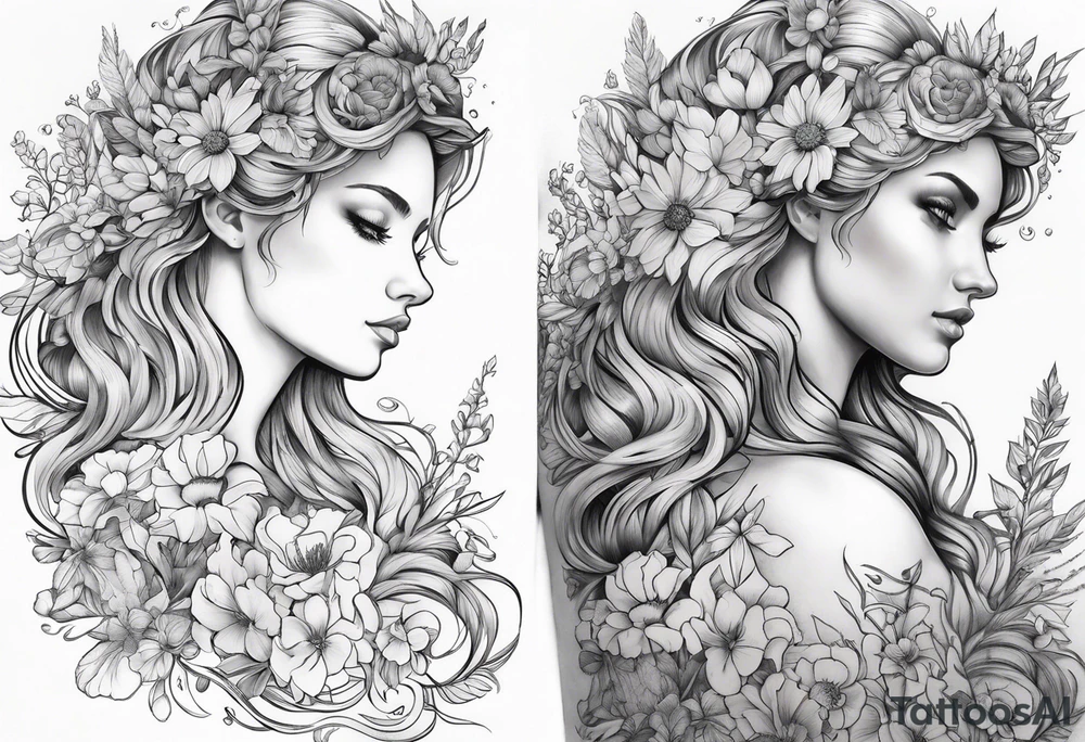 wildflowers and pegasus and valkyrie curly hair princess half sleeve arm tattoo idea