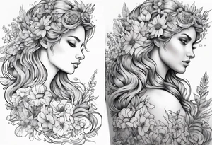 wildflowers and pegasus and valkyrie curly hair princess half sleeve arm tattoo idea