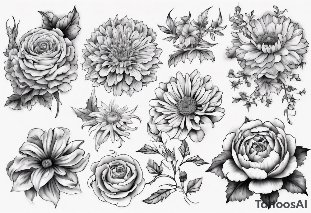a sleeve tattoo of Marigold flowers, Chrysanthemum flowers, Chelsea flowers, Holly flowers and roses tattoo idea