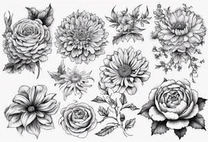 a sleeve tattoo of Marigold flowers, Chrysanthemum flowers, Chelsea flowers, Holly flowers and roses tattoo idea