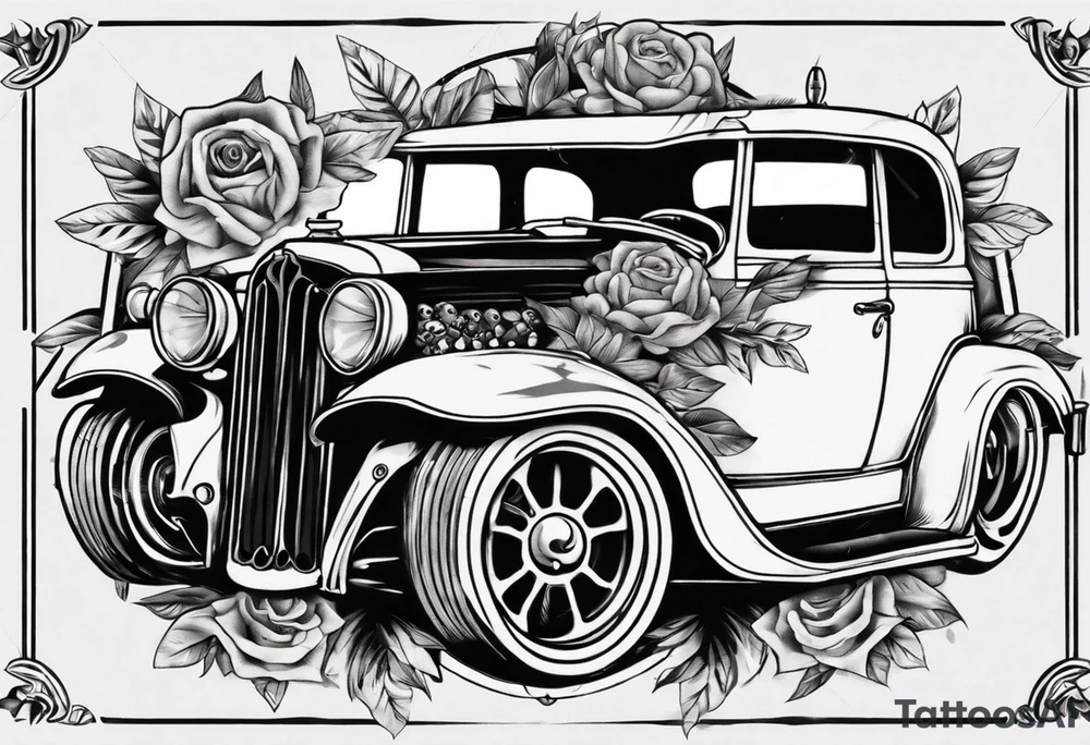 Old vintage car with skull in background tattoo idea