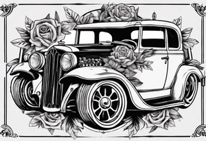 Old vintage car with skull in background tattoo idea