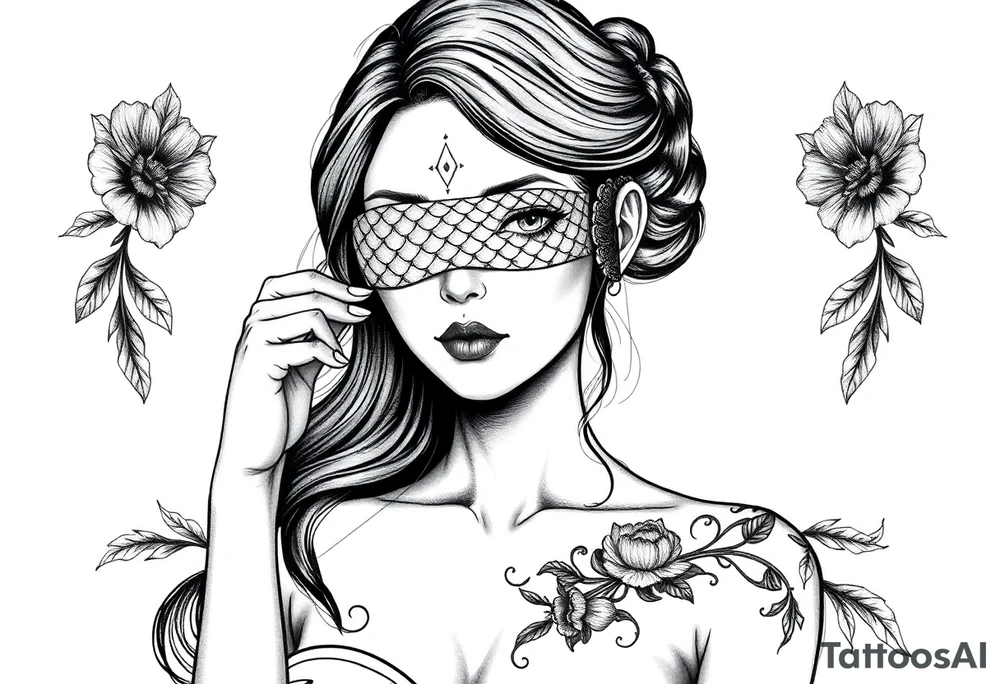 Fortuna as a beautiful woman with covered eyes by material. She holds a scale tattoo idea