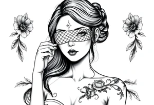 Fortuna as a beautiful woman with covered eyes by material. She holds a scale tattoo idea