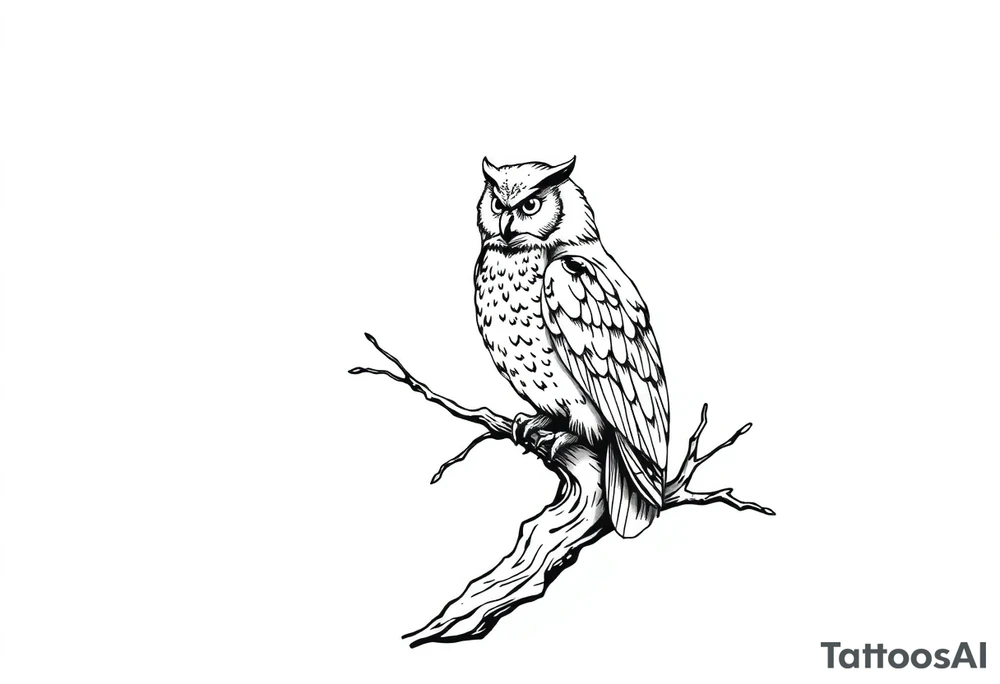 wise owl perched on ancient oak branch under starlit sky tattoo idea