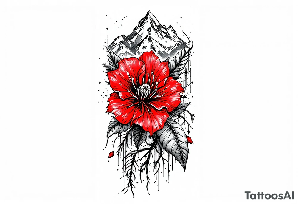 vertical wrist size red  and black rhododendron trippy with Himalayas behind tattoo idea