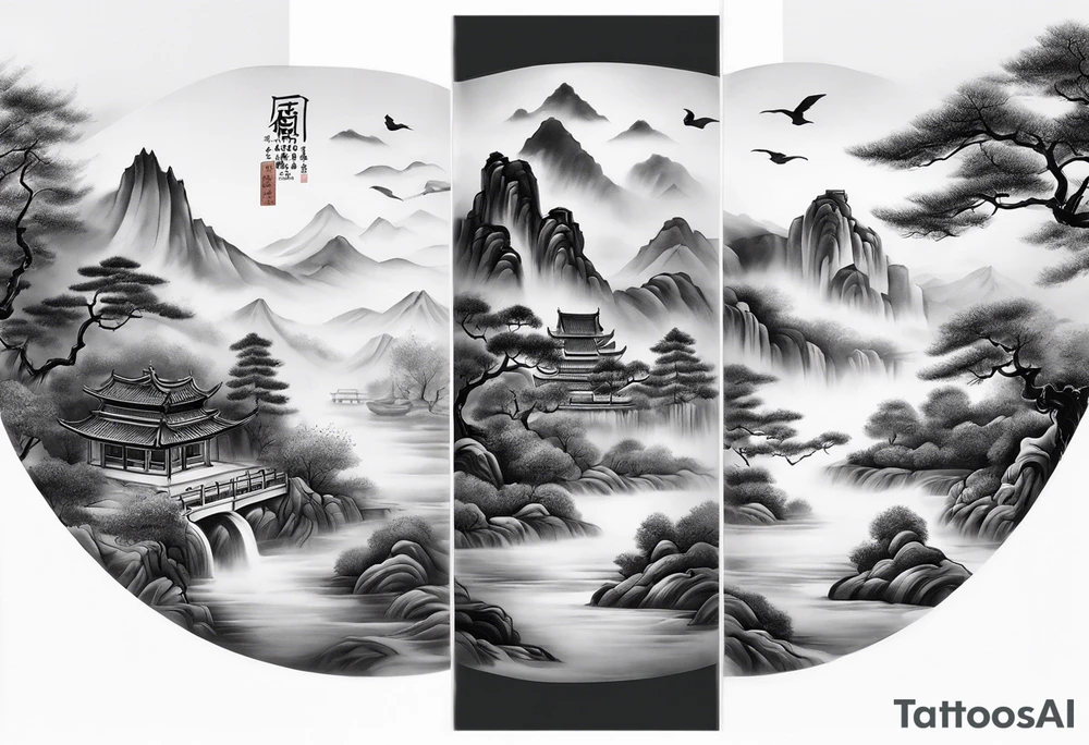 forearm sleeve traditional chinese art painting style autumn mountains mist fog water Chinese temple female with pony tail wearing robes meditating tattoo idea
