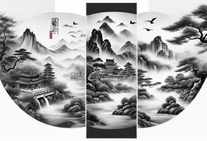 forearm sleeve traditional chinese art painting style autumn mountains mist fog water Chinese temple female with pony tail wearing robes meditating tattoo idea