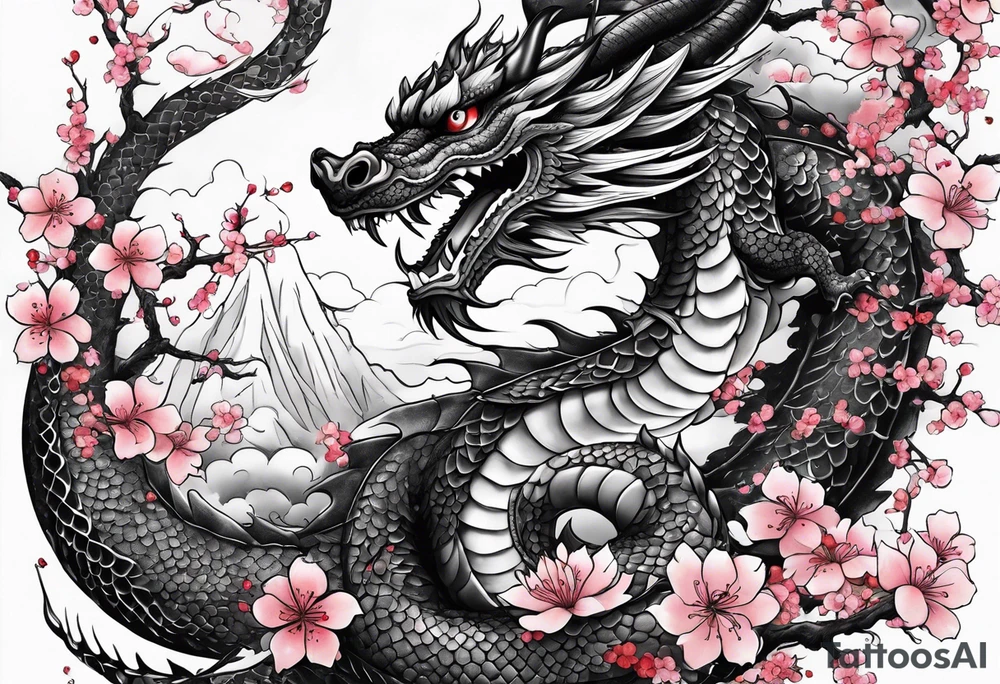 dragon with  cherry blossoms  and soot sprites tattoo idea