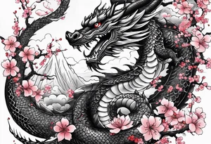 dragon with  cherry blossoms  and soot sprites tattoo idea