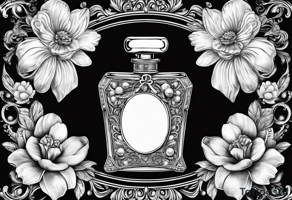 Pearl necklace wrapped around 1950s perfume bottle with flowers and bows surrounding tattoo idea