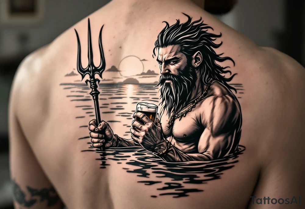 young, happy, fit poseidon in calm water, holding a trident, drinking a beer, with sunset tattoo idea
