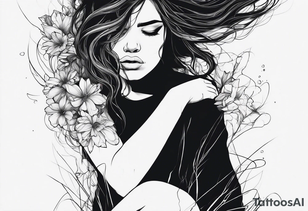 One line tattoo A distraught girl frazzled hair on her knees kind of disintegrating into dirt, screaming  (screams are visualized by lines) that turn into flowers tattoo idea