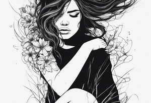 One line tattoo A distraught girl frazzled hair on her knees kind of disintegrating into dirt, screaming  (screams are visualized by lines) that turn into flowers tattoo idea