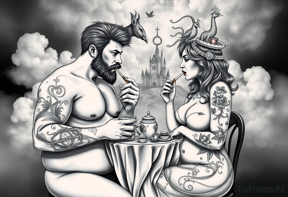 Mystical Naked Man and woman eating cupcakes and liquor fruit  having sex clouds gothic sexy naked fat lady having a tea party with tea pot and castle 
with a pigs, peacock, noose, lion, goat, smoking cigerettes looking in the mirror thru storm clouds with razor blades and broken hearts and darkness and wrath, envy , gluttony, greed, sloth, pride kill tattoo idea