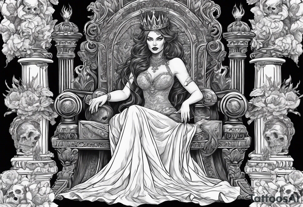 Hades wearing a black crown and Persephone on a throne in Hell sitting skulls with flame above tattoo idea