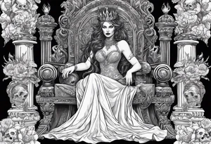 Hades wearing a black crown and Persephone on a throne in Hell sitting skulls with flame above tattoo idea