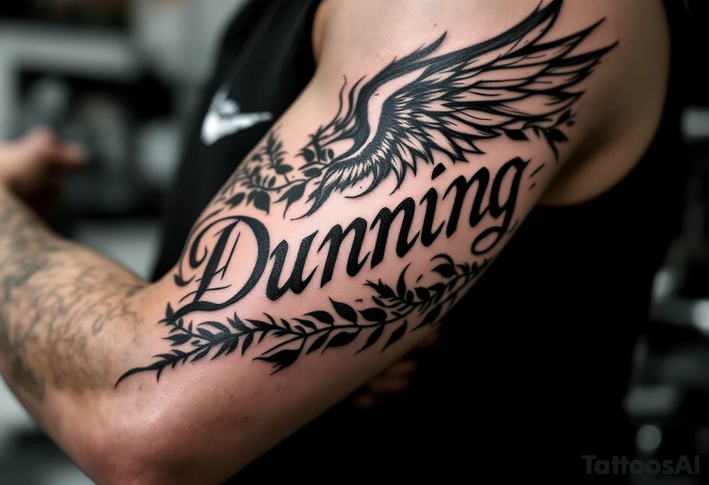 Dunning,on left arm details include angel wing, greek type of font,jungle leaves , tiger claw scratch tattoo idea