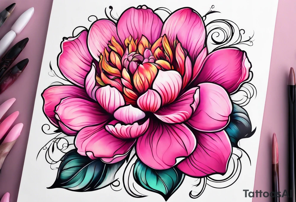 pink flower with floating cat tattoo idea