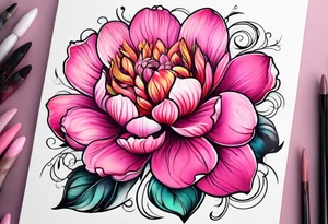 pink flower with floating cat tattoo idea