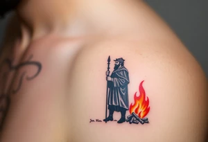 A silhouette of Jan Hus standing next to a bonfire, with fiery orange and red shades tattoo idea