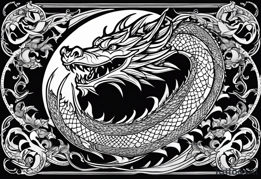 An ornate dragon breathing fire, with intricate scales and a fierce expression, symbolizing power and protection.” tattoo idea