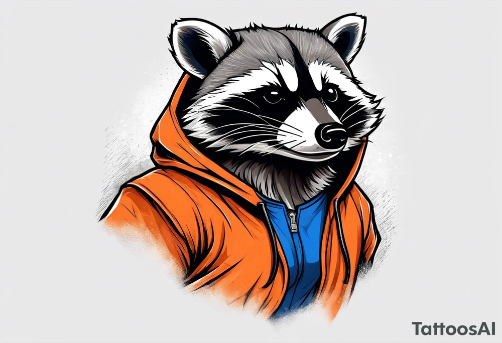 Raccoon wearing an orange Superman hoodie tattoo idea