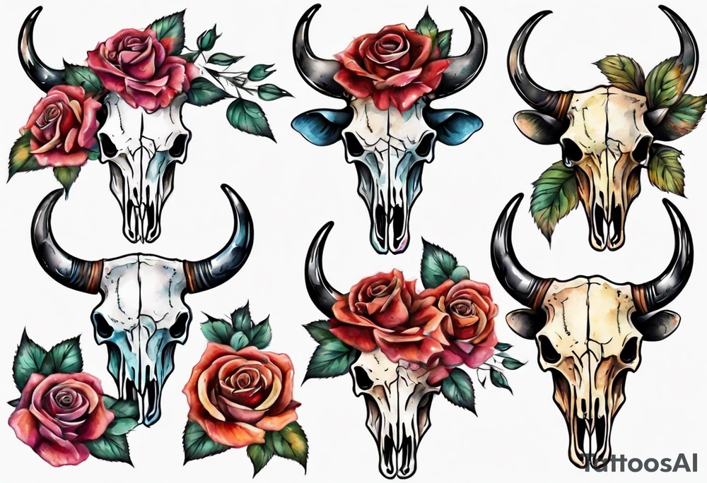 bull skull with roses tattoo idea