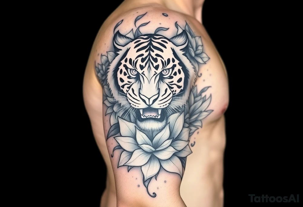 fierce tiger emerging through blooming lotus flowers in mist tattoo idea