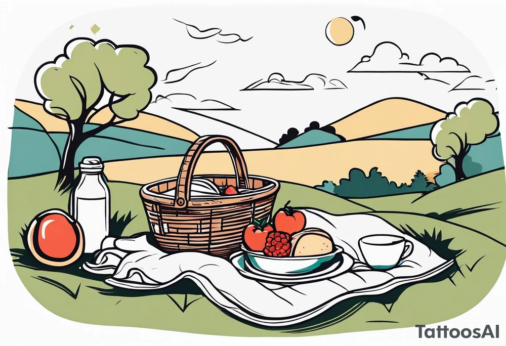 picnic scene in nature with a shecker blanket, a picnic basket and pillows. no food tattoo idea