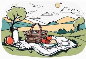 picnic scene in nature with a shecker blanket, a picnic basket and pillows. no food tattoo idea