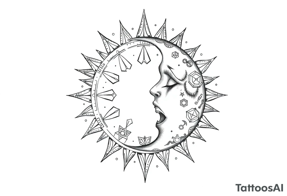 celestial sun and moon embrace with constellation patterns tattoo idea