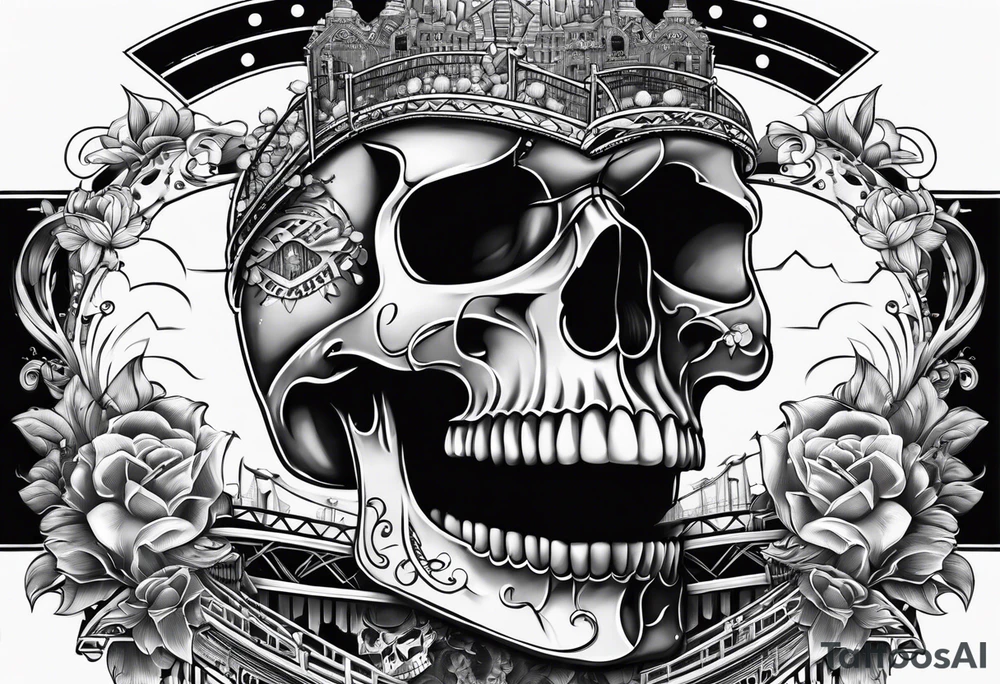 skull halves stitched together with roller coaster track tattoo idea