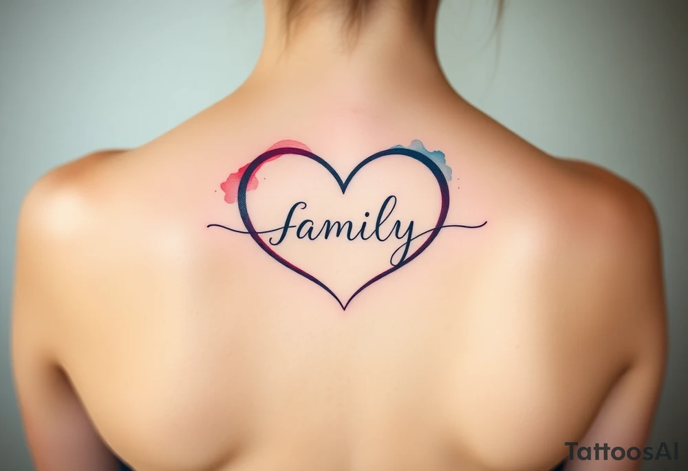An infinity symbol with a heart-shaped loop, and the word "family" elegantly placed at the center in a soft script tattoo idea