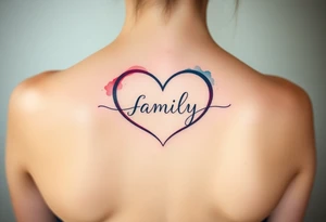 An infinity symbol with a heart-shaped loop, and the word "family" elegantly placed at the center in a soft script tattoo idea