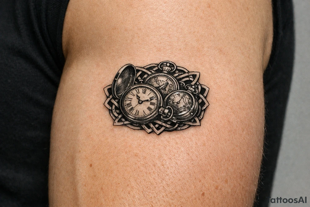 Cluster of open and closed pocket watches entwined with Celtic knotwork, realism style. tattoo idea