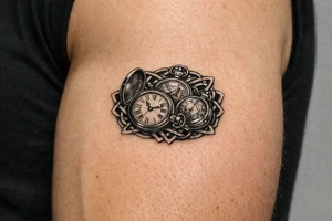 Cluster of open and closed pocket watches entwined with Celtic knotwork, realism style. tattoo idea