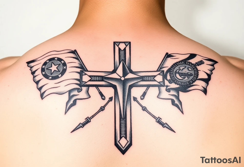 realistic military battlefield cross, with Navy and marine corps flags in the background tattoo idea