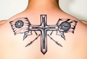 realistic military battlefield cross, with Navy and marine corps flags in the background tattoo idea