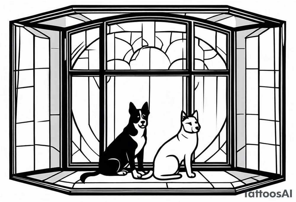 dog and cat sitting on floor and looking out tall octagonal window together tattoo idea