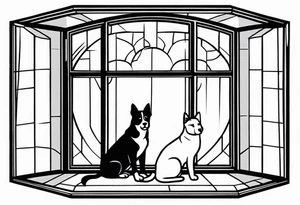 dog and cat sitting on floor and looking out tall octagonal window together tattoo idea