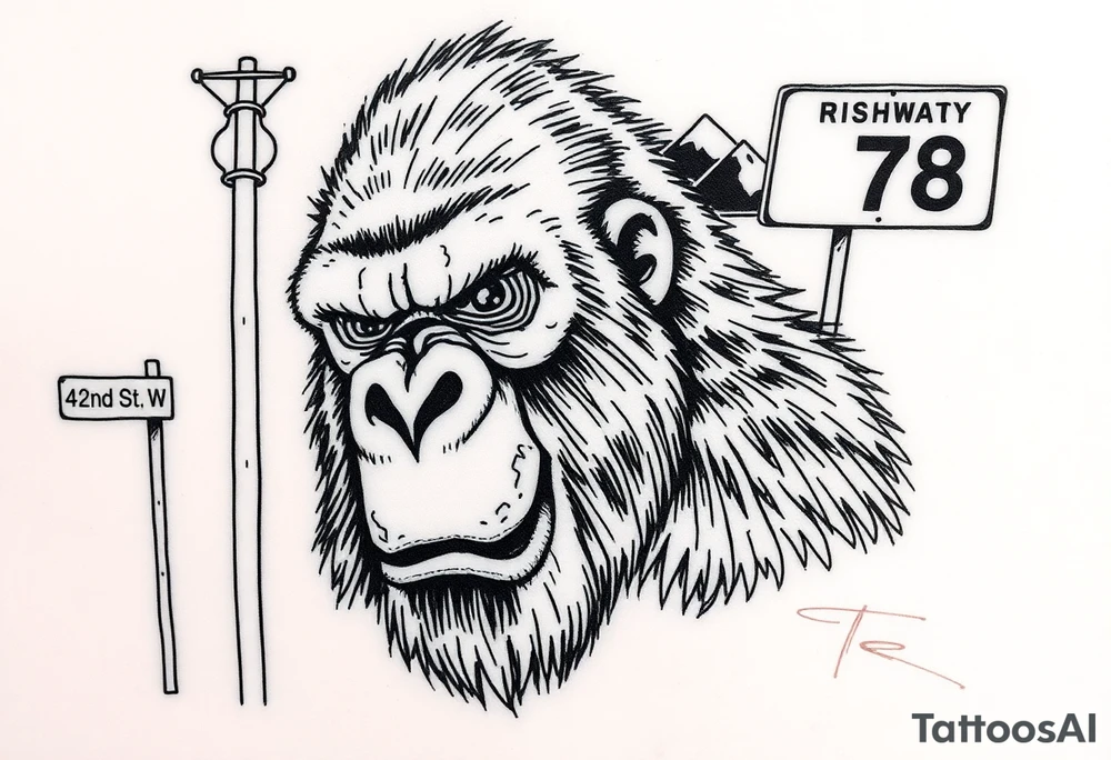 powerful aggressive gorilla with a street sign with a pole on the left that says 42nd st w, a highway sign on the right that says highway 78 and pyramids above the ape’s head that have snow on them all in close proximity. tattoo idea