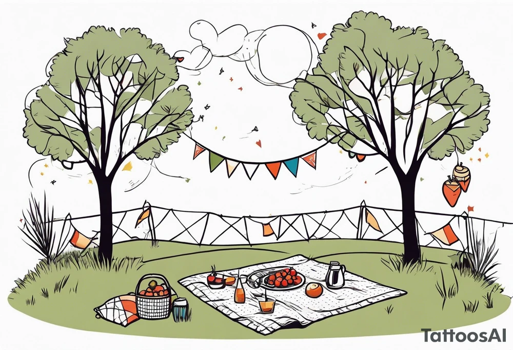 picnic scene by a tree on a meadow. with a sheckers blanket, basket, pillows and party pennants. Thin lines. tattoo idea