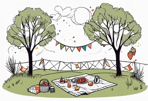 picnic scene by a tree on a meadow. with a sheckers blanket, basket, pillows and party pennants. Thin lines. tattoo idea