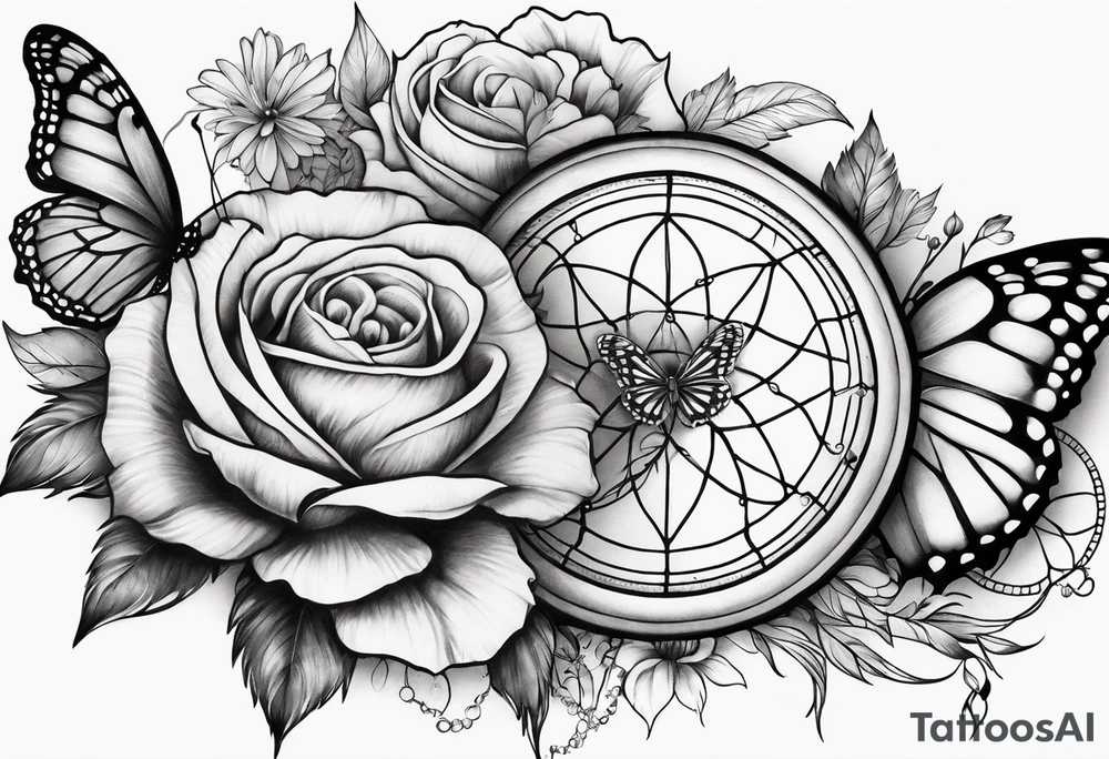 arm sleeve with dreamcatcher, rainbow flowers and one butterfly tattoo idea