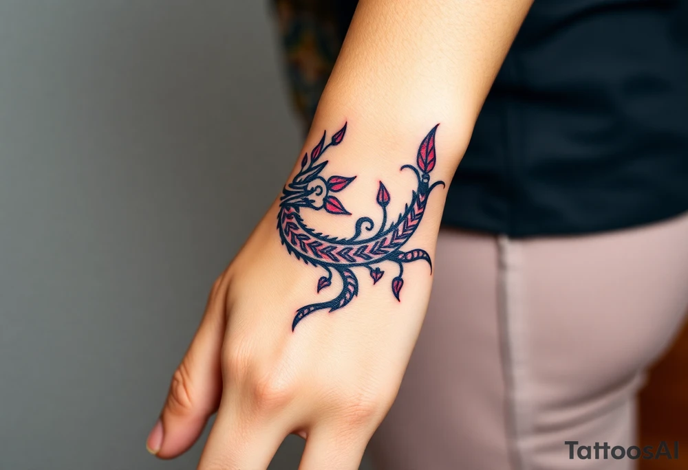 A bracelet wrapped around the arm dragon with purple and red tones, feathers and vines tattoo idea