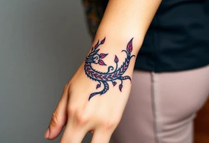 A bracelet wrapped around the arm dragon with purple and red tones, feathers and vines tattoo idea