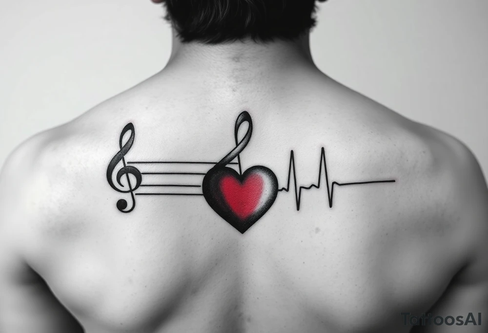 Music staff with treble clef and music notes and Ekg line with red heart tattoo idea