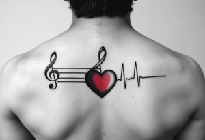 Music staff with treble clef and music notes and Ekg line with red heart tattoo idea