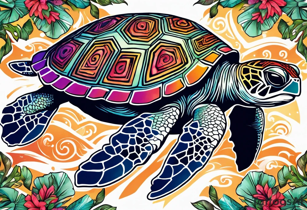 tropical psychedelic turtle, aerial view, from above, high perspective tattoo idea